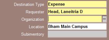 4. Go to the bottom left of the form and click on the LIST OF VALUES (LOV) button in the ORGANIZATION field. The field will then display UAB Operating Unit. 5.