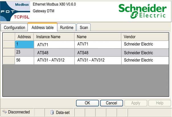 Configuration Address Table Overview The EM X80 GW DTM provides an Address table which lists the connected Device DTMs and their target addresses.