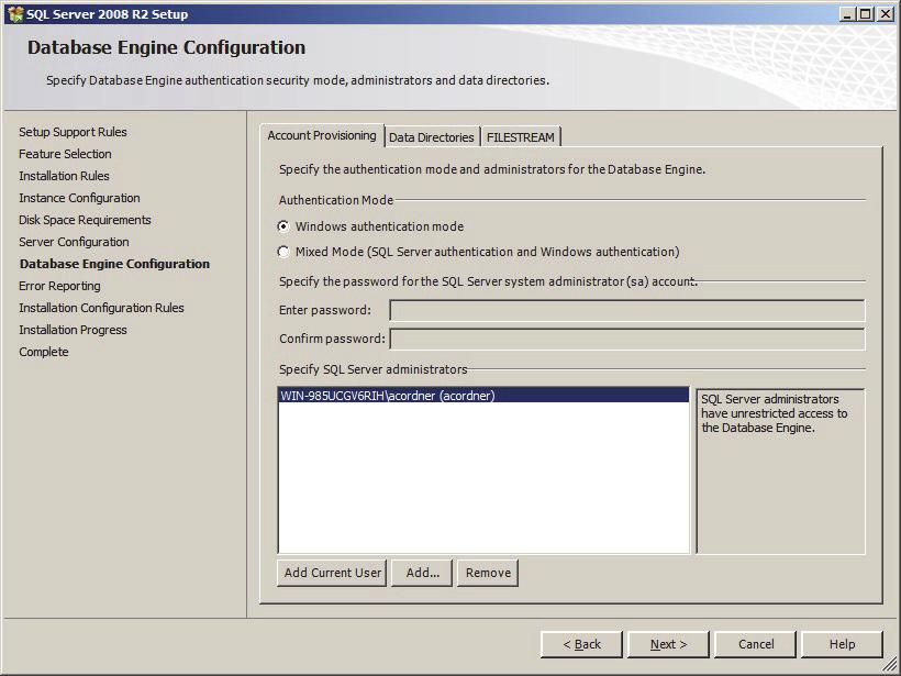 MET/TEAM, MET/CAL Run Time, MET/CAL Editor Microsoft SQL Server 2008 R2 Express Installer 7. On the displayed Database Engine Configuration dialog, check the following items an