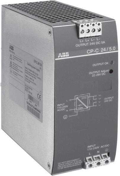 2CDC 271 064 F0004 Features Supply voltage ranges: 85-264 V AC, 100-350 V DC Output voltage adjustable from 22-28 V DC, default setting 24 V DC 0,5 % 5 A output current Open-circuit, overload and