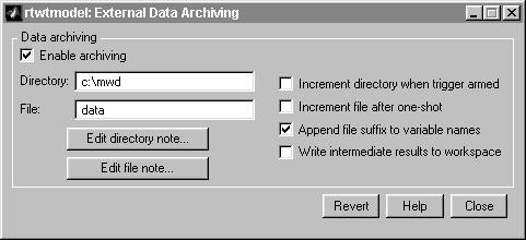 Signal Logging to a Disk Drive Your External Data Archiving dialog box will look similar to the figure shown below. 7 Click the Close button.