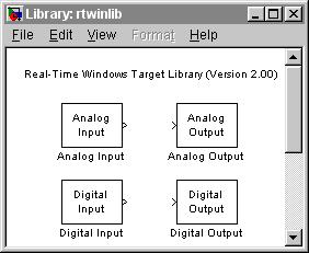 4 Advanced Procedures The Real-Time Windows Target block library window opens. 2 Click-and drag the Analog Input block to your Simulink model.