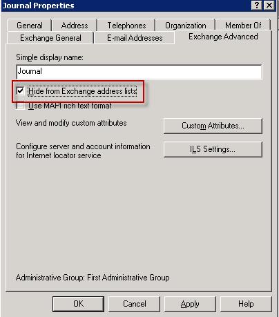 11. Click the Exchange Advanced tab, and turn on Hide from Exchange Address lists: 12.