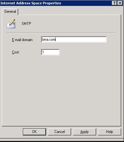 9. In the Internet Address Space Properties dialog box, enter the domain name used by the custom SMTP recipient contact that was initially created: 10.
