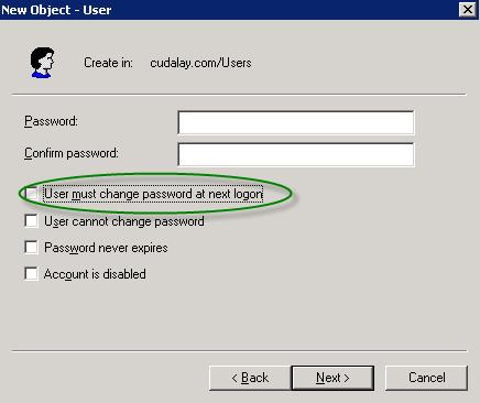 4. Leave the Password field blank, and turn off User must