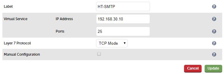 Appliance Configuration for Exchange 2010 3. Enter an appropriate label for the VIP, e.g. HT-SMTP 4. Set the Virtual Service IP address field to the required IP address, e.g. 192.168.30.10 5.