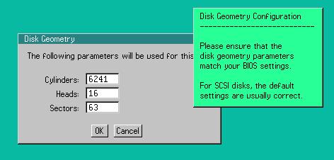 Installing eprism from the System Console Enter the values for your disk geometry, and select OK to