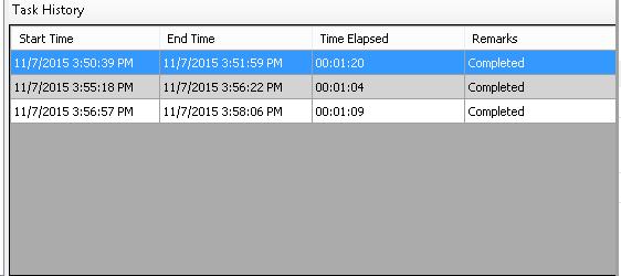 3.3.6 Task History The task history information for a task displays the task name along with its start time, end time, time elapsed and remarks.
