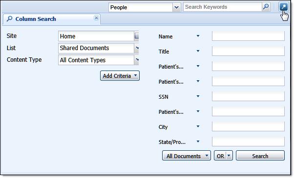 Using the text box, you can perform SharePoint searches without having to leave Vizit. Metadata Search Use the Column Search button and tab to conduct a Metadata search.
