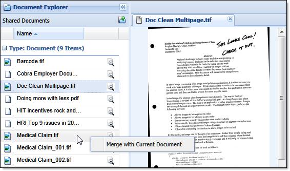 Merge Documents Two TIFF and image based PDF documents can merged into one document. There are two methods that may be used to accomplish this task.
