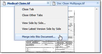 Using the Document Viewer To use this method, make sure to have both documents that you wish to merge together open in Vizit Pro. 1. In the Document Viewer, Right-click on the primary document tab. 2.