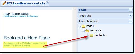 Annotation Tree Tab Annotations that appear in the Annotation Tree are grouped first by page and then by the name of the user who created it.