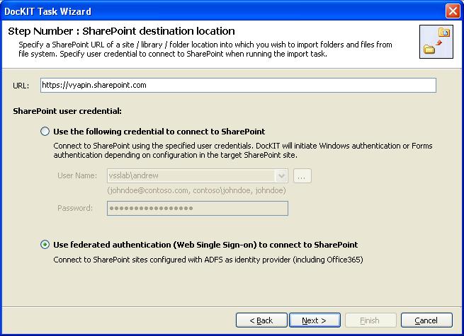 Chapter-4 Import folders, files & metadata to SharePoint Libraries (Explorer Mode) b) Use federated authentication (Web Single Sign-on) to connect to SharePoint - Connect to a SharePoint site