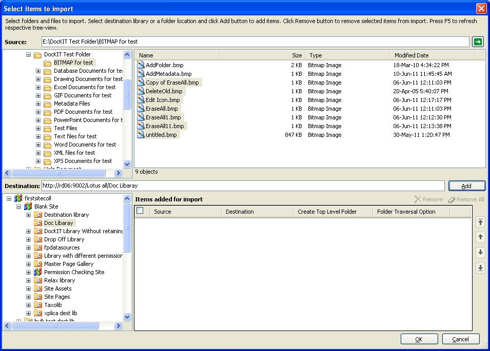 Chapter-4 Import folders, files & metadata to SharePoint Libraries (Explorer Mode) 4) Select items to import dialog contains a textbox (top), tree-view (top-left) and a list-view (top-right), which