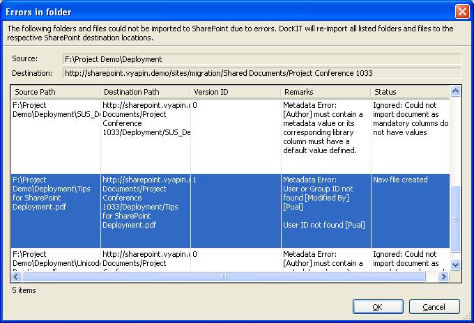 Chapter-5 Import folders, files and metadata to SharePoint Libraries (Batch File Mode) The 'Errors in folder' dialog appears as shown below: b) Selectively re-import items in which an error