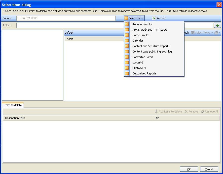 Chapter-8- Import metadata to all SharePoint Lists (Batch File Mode) 3) Select items dialog contains a textbox (top), tree-view (top-left) and a list-view (top-right), which provides explorer like