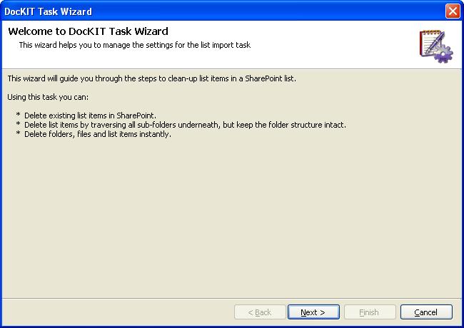 Chapter-8- Import metadata to all SharePoint Lists (Batch File Mode) 2) The DocKIT Task Wizard appears 3) Click Next button 4) Specify the Delete Task - Settings 5) Specify the Folder