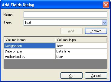 Chapter-8- Import metadata to all SharePoint Lists (Batch File Mode) The Add Fields Dialog appears as shown below: Specify the column name in Name textbox and select the data type of the column in