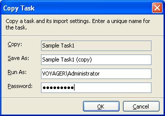 Chapter 3-DocKIT Features 3) In Copy Task dialog, enter a new task name in Save As text-box; specify a Run As account and Password (if applicable) and Click OK to create a new task with the same