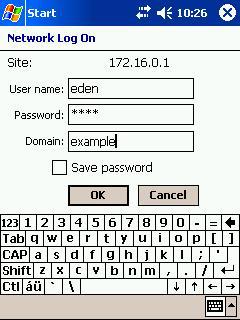 F. Enter the User, Password, and Server information as supplied by your network