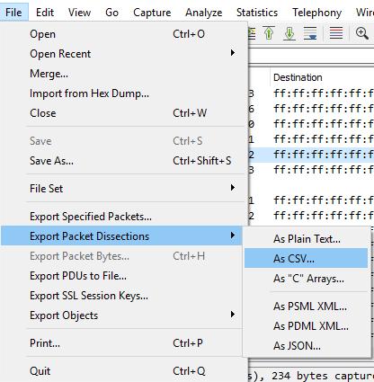 To do so, you will need to go to the file option and select Export Packet Dissections as CSV as shown in figure 12.