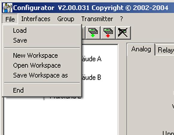3. ICONS ON THE TOOL BAR 3.1 File Load: Loads a file with a saved transmitter configuration. Save: Saves the current transmitter configuration in a file. New Workspace: Opens a file for a new tree.