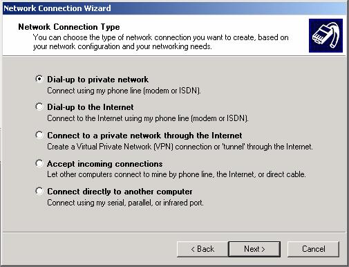 The network connection wizard will guide you through setting up a remote access connection: Click Next