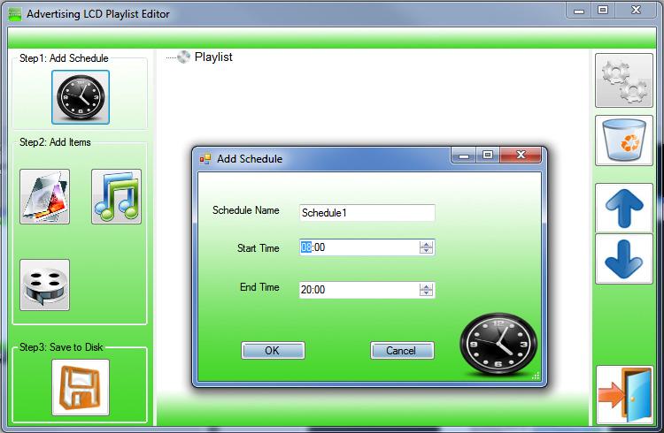 4.2.1 Add Schedule The schedule functions as a timer for the playlists, so you can have between one and eight playlists scheduled to start and end at different times of the day, with up to 50 files