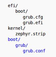 3. Create efi, efi/boot, and kernel directories: $ mkdir p efi/boot $ mkdir kernel 4. Copy the kernel file outdir/zephyr.strip to the kernel folder. 5.