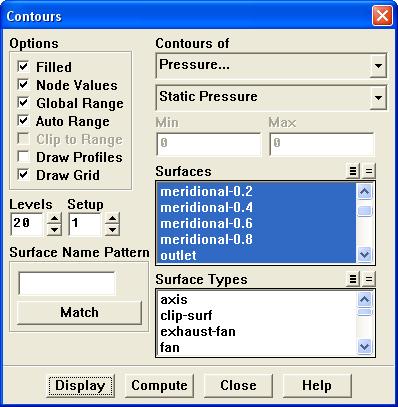 Step 5: Contours 1. Display filled contours of pressure on the meridional isosurfaces (Figure 24.3). Display Contours... (a) Enable Filled in the Options group box. (b) Select Pressure.