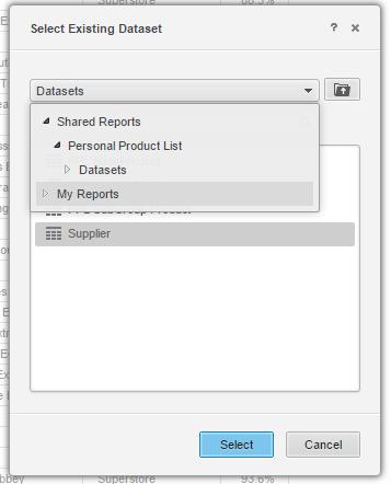 To open one of these datasets click on the dropdown menu and select either Shared Reports or My Reports. Choosing either option will display the reports available for you to use.