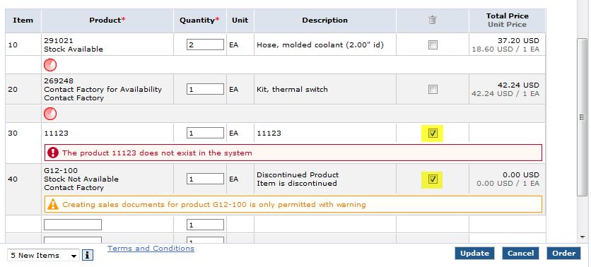 To remove a part number from your order, select the check box in the trash can column and select update.