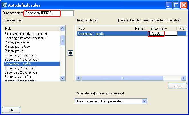 5. Select the properties 8_bolt_rows under the rule set Secondary IPE500, right-click