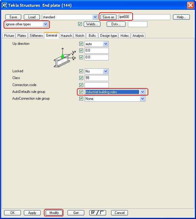 2.7 Use AutoDefaults Rules We will now use the Industrial building rules created to automatically apply the correct properties to the existing End plate (144) connections.