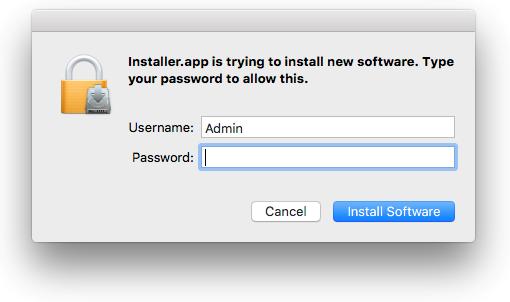 5. Click Install to start the installation process. 6. When the installer.app launches, Administrator Login dialog pops up.