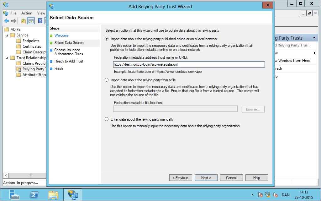 In the Add Relying Party Trust Wizard, click Start, make sure Import data about the relying party published online or
