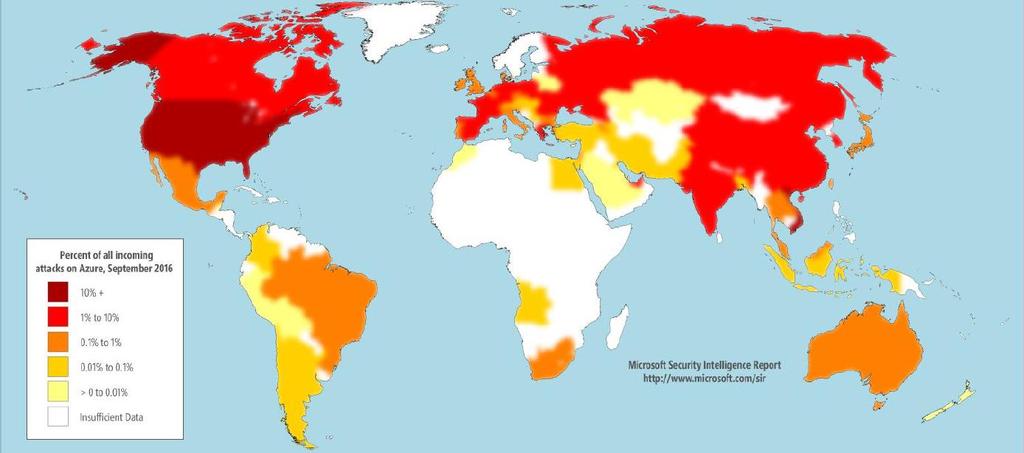 The 2016 Microsoft Security Intelligence Report 1 shows an active global threat landscape of cyberattacks, as detected by the Microsoft Azure Security Center, broken down by country of origin (see