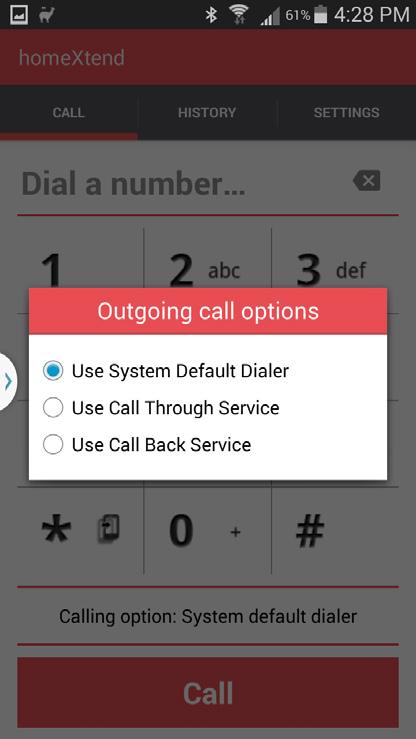 Call Screen The call screen is your main dialing screen. From here you can enter a destination phone number and press the Call button.