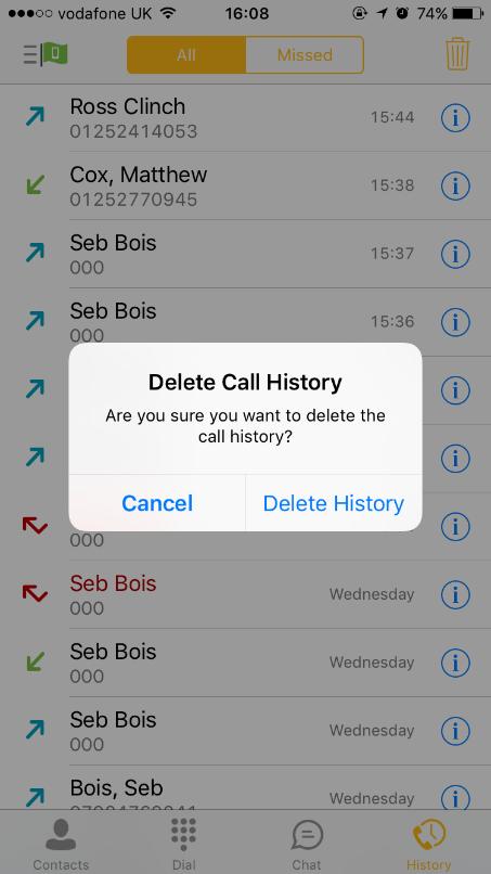 History The history tab will show your call log. Using the filters along the top, you can view all calls, or just missed calls.