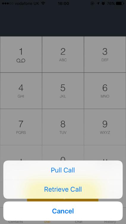 Pull/retrieve call Located on the bottom right of the dial pad screen, tapping the icon will