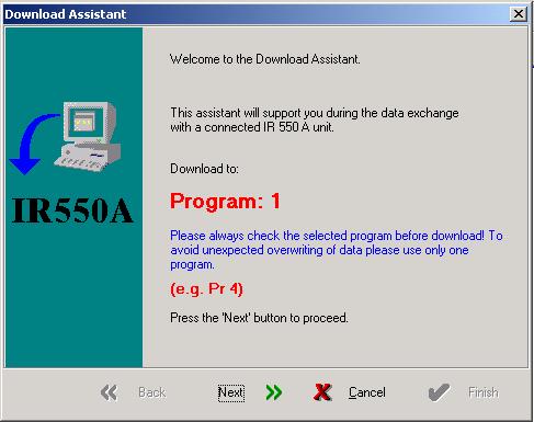 4.6.8. The Download Assistant To download a profile an assistant will guide the operator. The assistant will ask for necessary or optional inputs and runs the download to the IR 550 A.