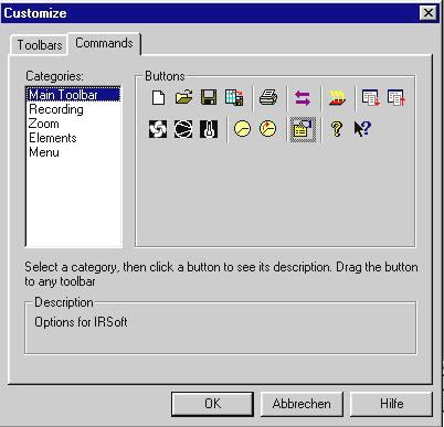 The user can modify the actual toolbars by drag and drop of a selected command button to a certain toolbar. This operation is working vice versa.
