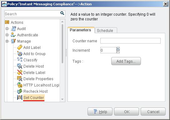 Set Counter Action This action creates or increments a counter. This action is located in the Manage group of the Actions tree.