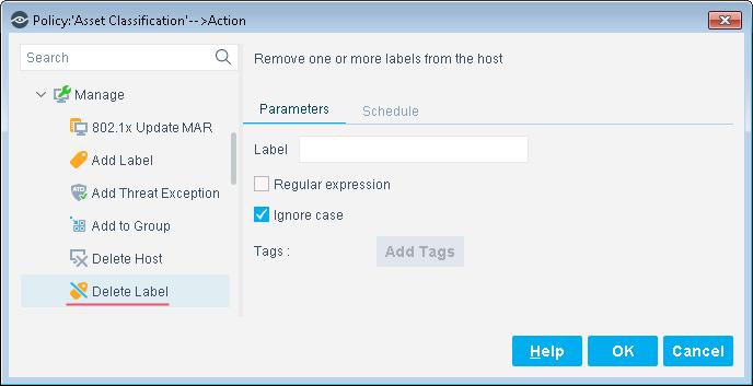 Delete Label Action This action removes a text label from endpoints that match the conditions of the policy. This action is located in the Manage group of the Actions tree.