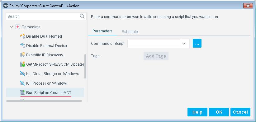 Run Script on CounterACT Action This action runs a script or command for endpoints that match the conditions of the policy. This action is located in the Remediate group of the Actions tree.