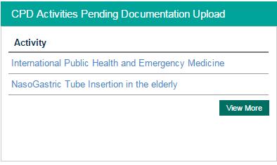 Click on View More to see list of Incomplete CPD Activities This section displays the five recent saved CPD activities for
