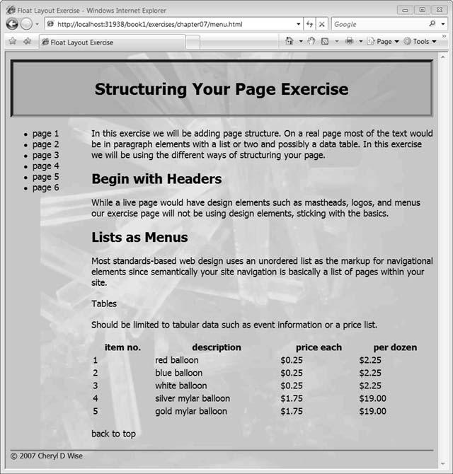 196 CHAPTER 7 CSS POSITIONING USING EXPRESSION WEB STYLE TOOLS 4. Preview the page in your browser, as shown in Figure 7-29, before you go to the next step. Figure 7-29. A very simple two-column page ready to have the menu styled 5.