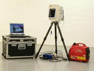 Fig. 1: The terrestrial 3D laser scanning system Mensi GS100 including transportation box, notebook and external Honda power supply at HAW Hamburg number of requested details on the object).
