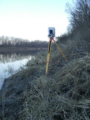 14: Scanner and equipment in use at the river Tisza On three days the embankments of the Tisza were scanned from nine stations. A part of a point cloud is depicted in Fig. 17.