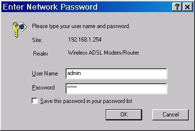 This number is the default IP address for this router. Press Enter. 2. A username and password window will appear.